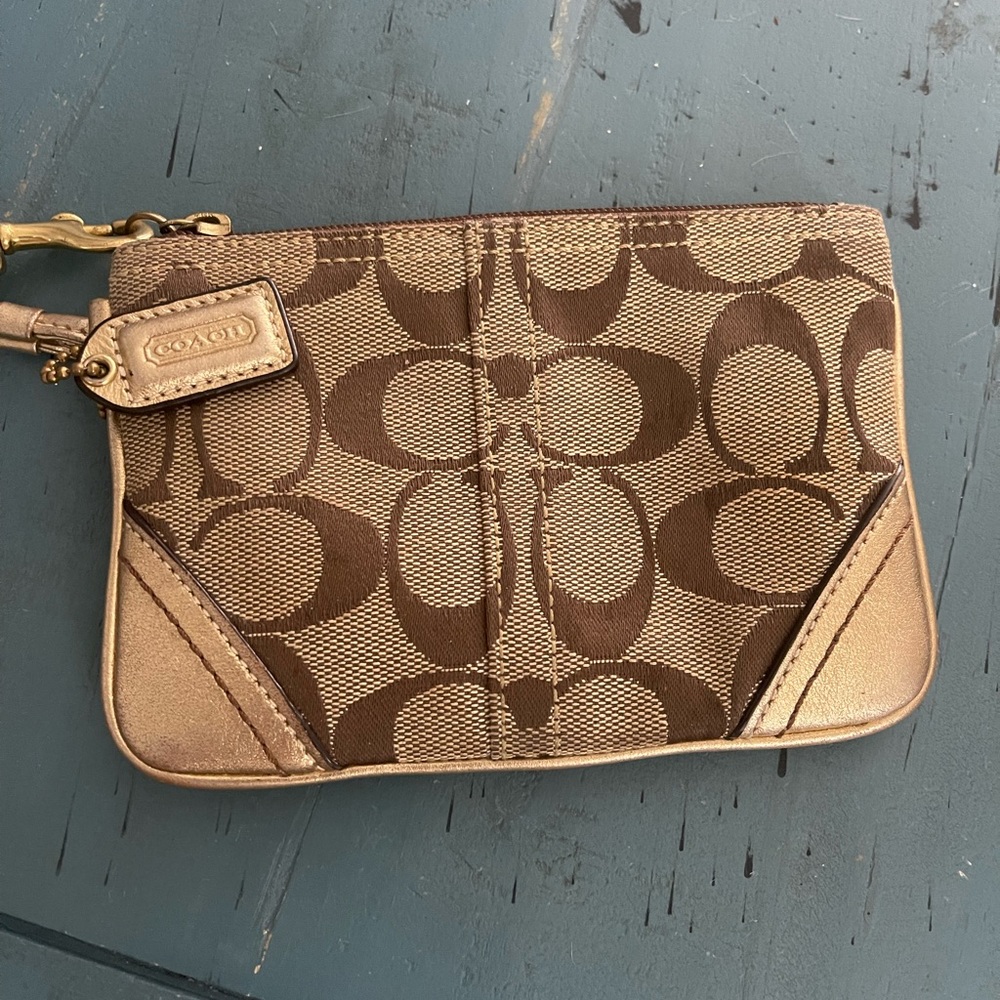 Coach Signature Canvas Leather Wristlet Bag Beige Metallic Gold